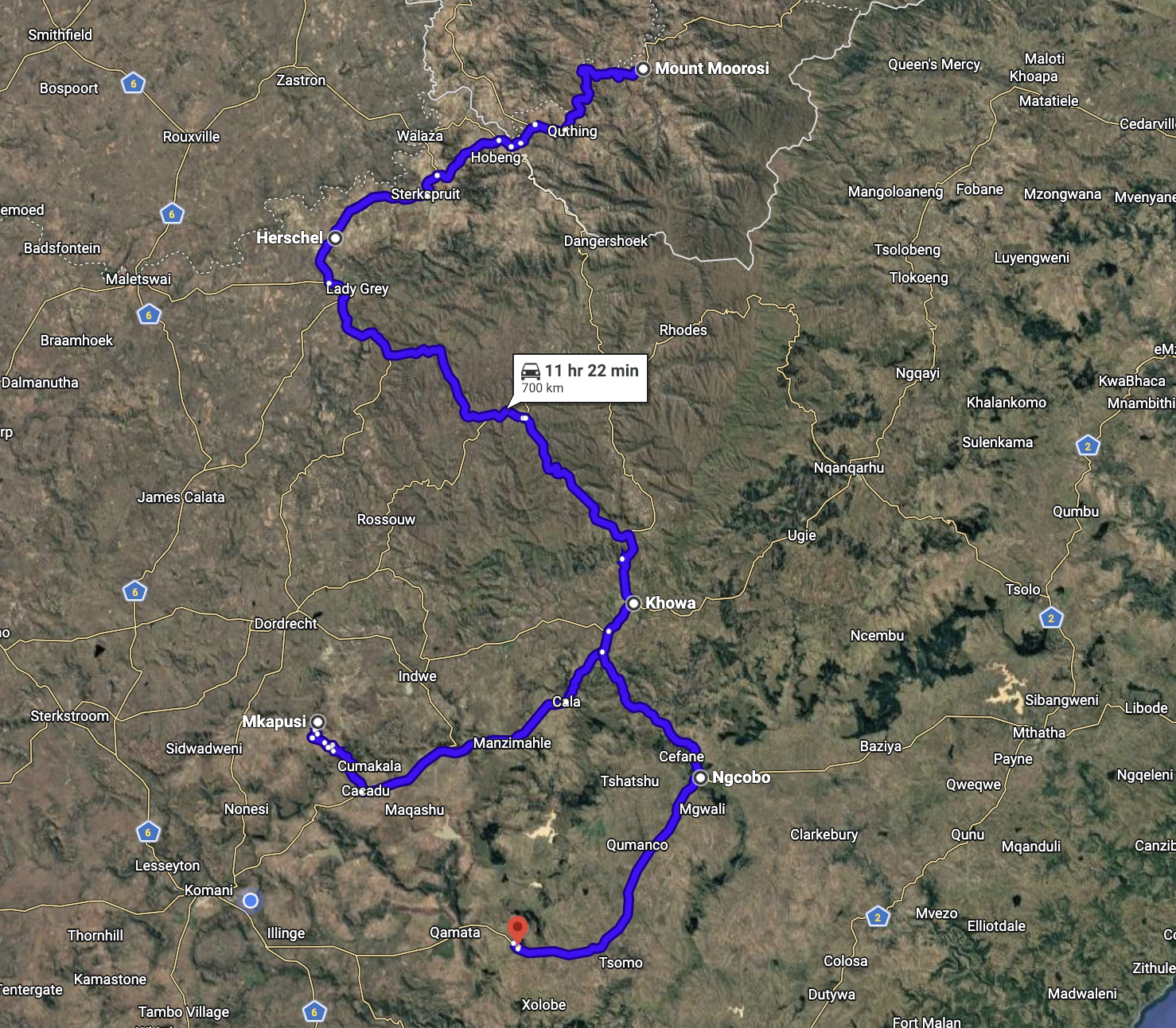 Satellite map showing the 700km migration route from Mount Moorosi in Quthing, Lesotho to Mkapusi in Lady Frere, Eastern Cape — the path AmaQithi families took after the 1879 war