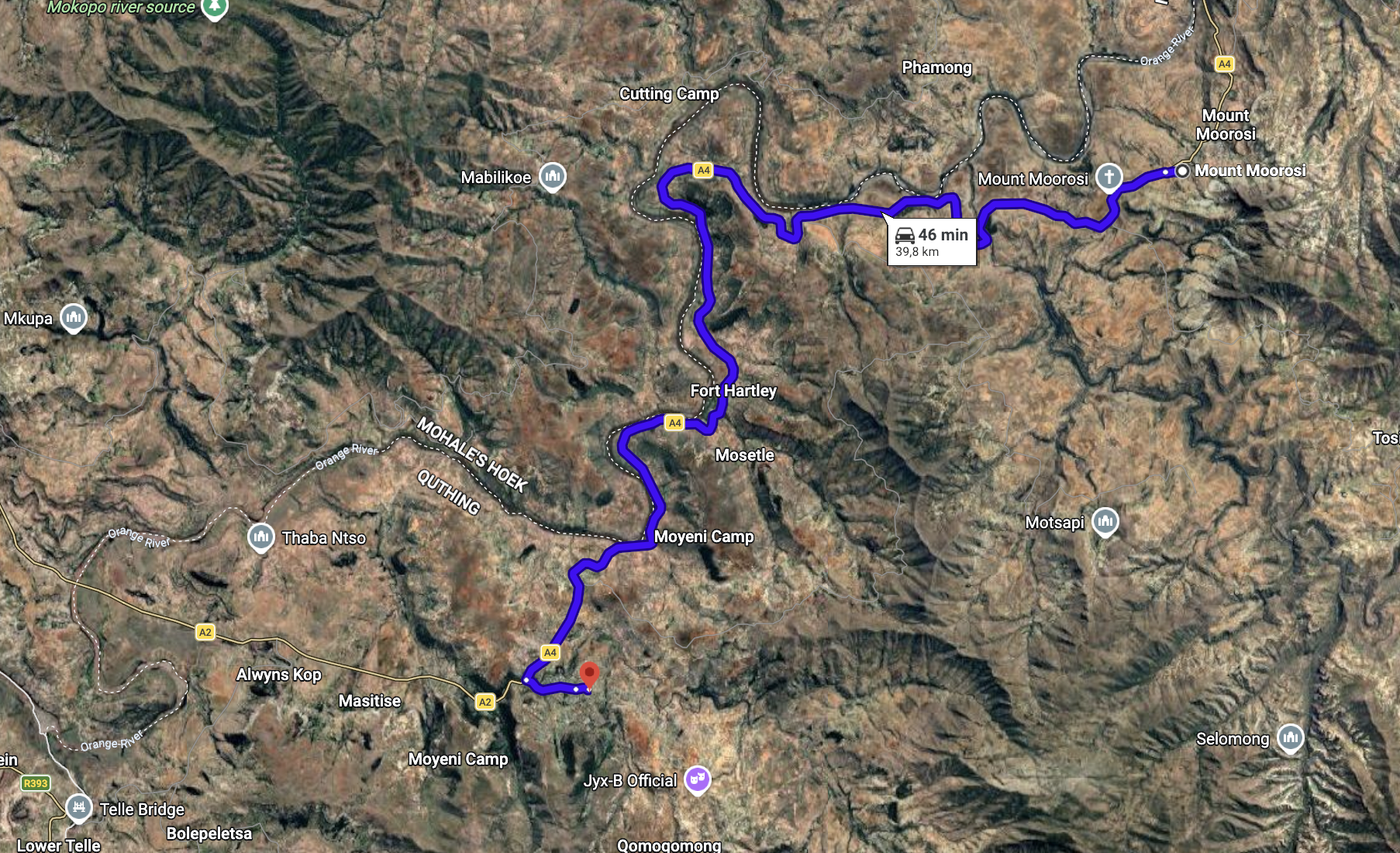 Satellite map of Quthing district in Lesotho showing the area around Mount Moorosi — where San people lived under Chief Moorosi until the 1879 war